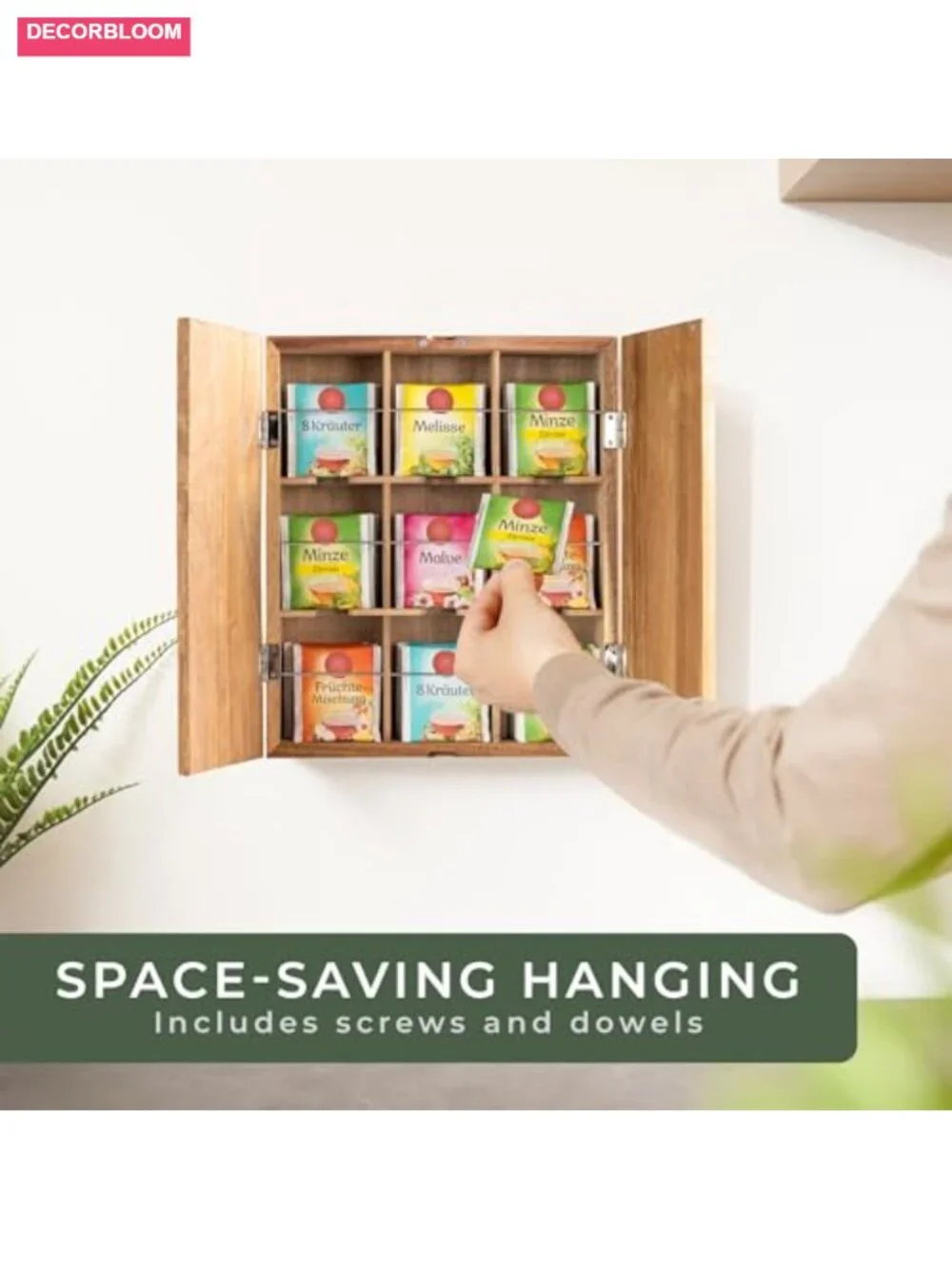 9-Compartment Solid Acacia Wood Tea Organizer Box with Wall Mount